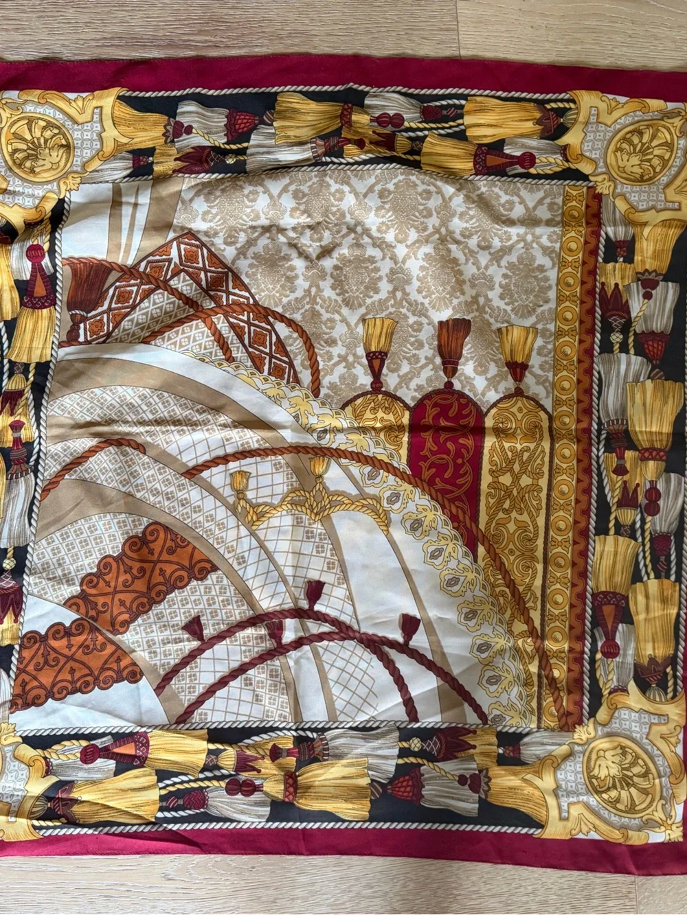 Berkshire Luxury Tassel-Print Silky Scarf in Burgundy, Gold, and Cream